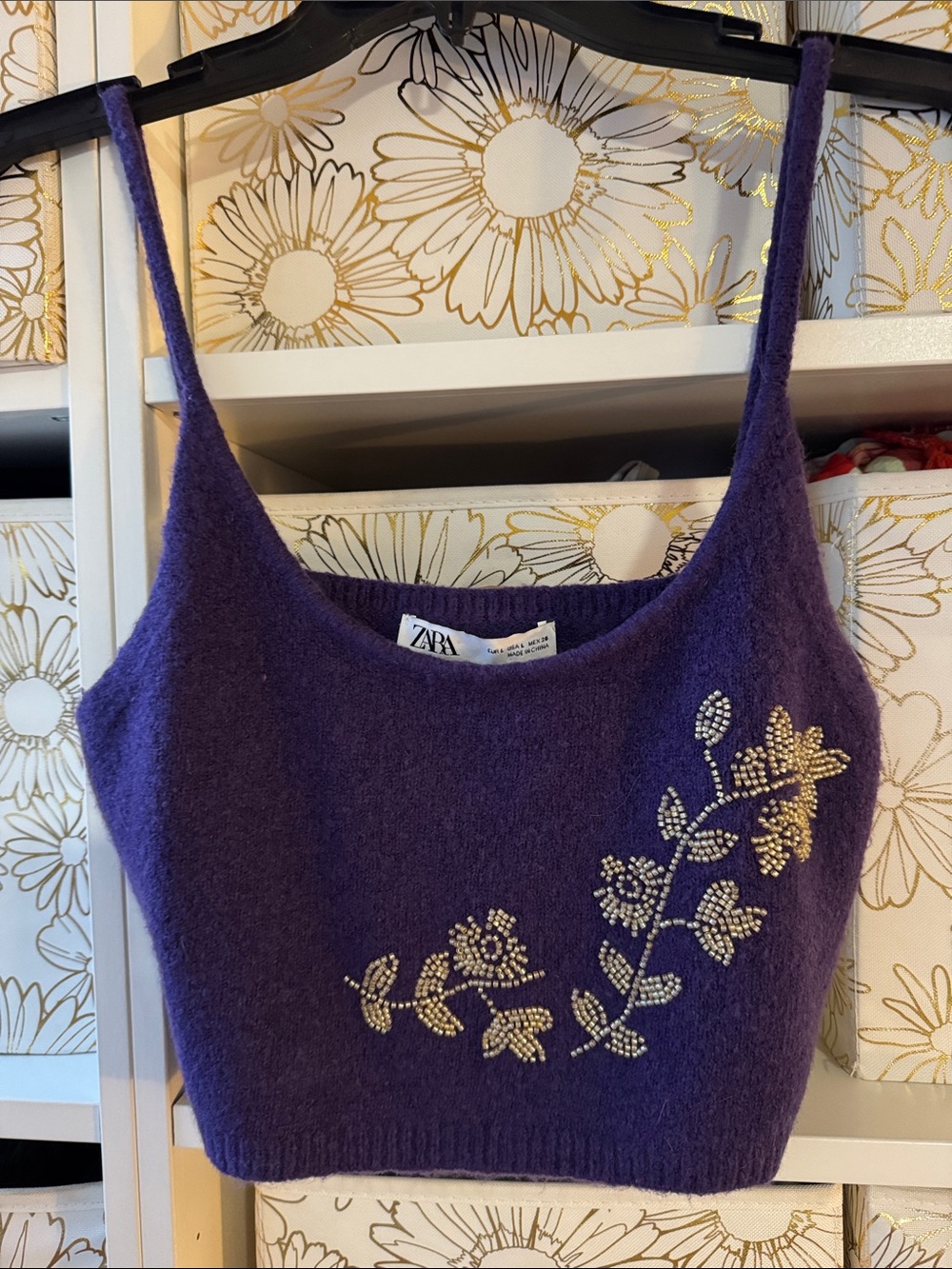 Zara Purple Beaded Floral Knit Crop Tank